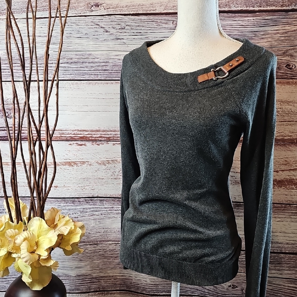 LAUREN RALPH LAUREN GRAY LONG SLEEVE BOATNECK BUCKLE PULLOVER SWEATER